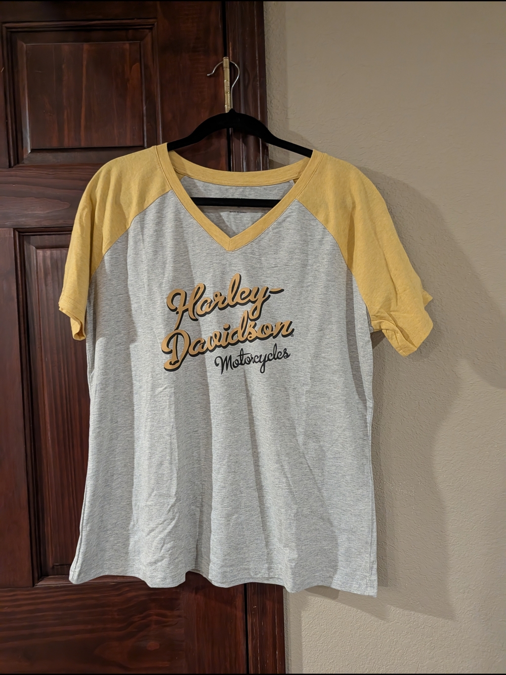 Harley-Davidson Women’s Gray and Yellow Raglan V-Neck Tee Graphic
